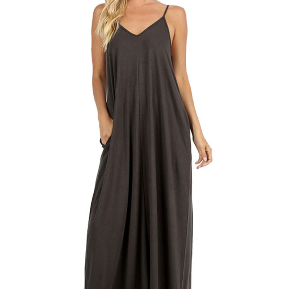 V Neck Cami Maxi Dress in Ash Grey